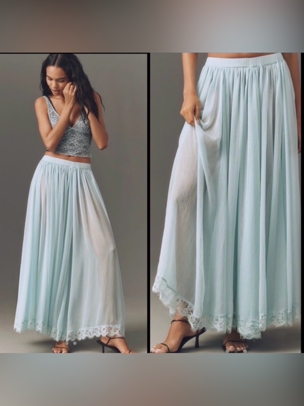 Anthropologie Pale Blue Maxi Skirt with Lace Trim